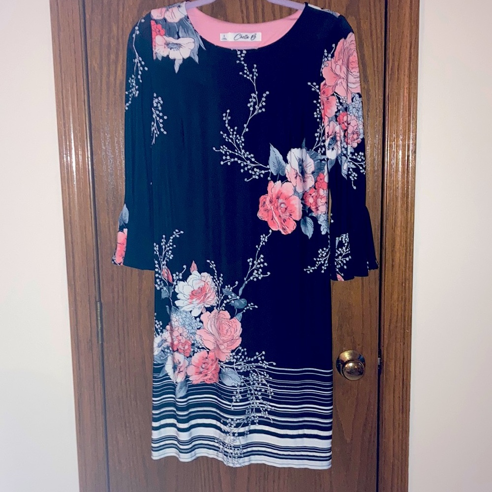 Chetta B Black Floral Dress 3/4 Sleeve w/Flair Mid-Length